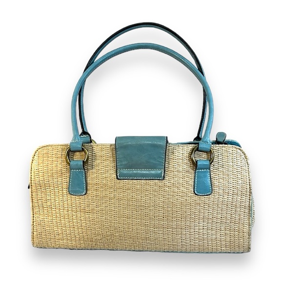 VINTAGE 70s Faux Straw and Aqua Satchel - Picture 8 of 14